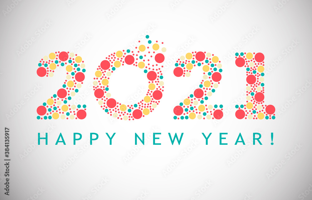 2021 Happy New Year in retro style. Welcome 2021 greeting vector illustration with colored numbers and circles.
2021 Happy New Year in retro style. Welcome 2021 greeting vector illustration with colored numbers and circles.