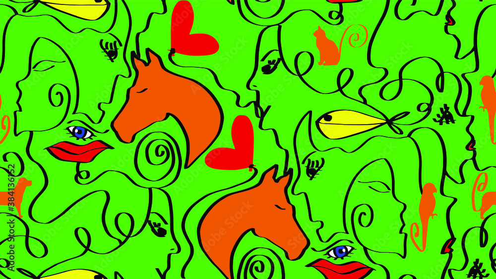 Obraz premium Abstract One Line Drawing Mix Animals Hearts Lips Eyes and Woman Faces Repeating Vector Pattern Isolated Background