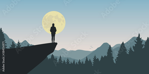 lonely girl on a cliff looks to the full moon at nature landscape vector illustration EPS10