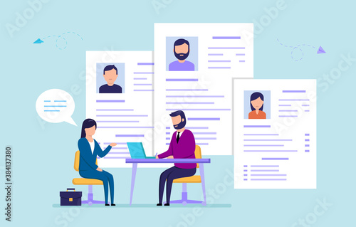 Office Work, Recruitment, HR Service Concept. HR Manager Interviewing Female Worker, Checking Resume Of Candidates, Hiring Right Employees For Company. Cute Cartoon Flat Style Vector Illustration