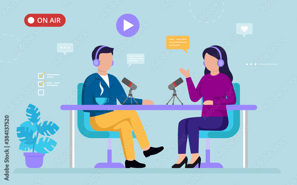 Radio, TV Or Internet Broadcasting, Live, On Air Personality Interview Concept. Female Character Interviewing Male Guest On Air In The Studio. Colorful Cartoon Simple Flat Style Vector Illustration Radio, TV Or Internet Broadcasting, Live, On Air Personality Interview Concept. Female Character Interviewing Male Guest On Air In The Studio. Colorful Cartoon Simple Flat Style Vector Illustration