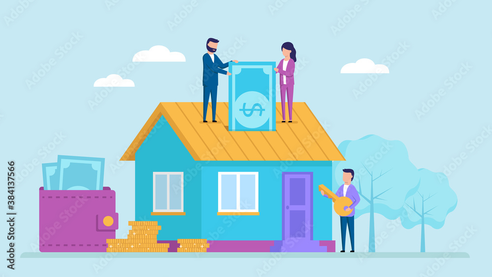 Investments In Turnkey Property, Real Estate Concept. Agents Offer To Buy Or To Rent A House For Short Or Long Term In Any Part Of The City. Cute Colorful Cartoon Vector Illustration In Flat Style