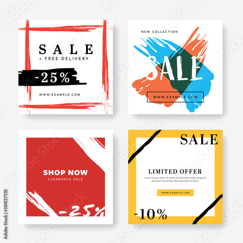 Abstract sale vector graphic templates for social media. Modern square design set with brush elements.