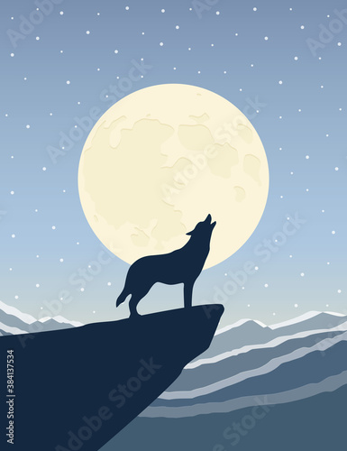 wolf howls at the full moon on snowy mountain landscape vector illustration EPS10