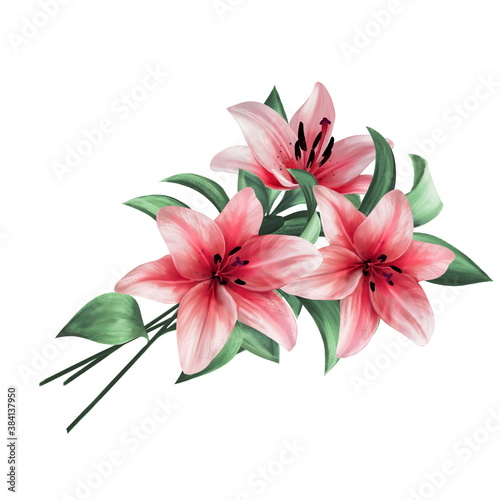 Beautiful card with red lilies, bouquet on white background