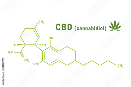 cbd cannabidiol chemical formula with cannabis leaf vector illustration EPS10