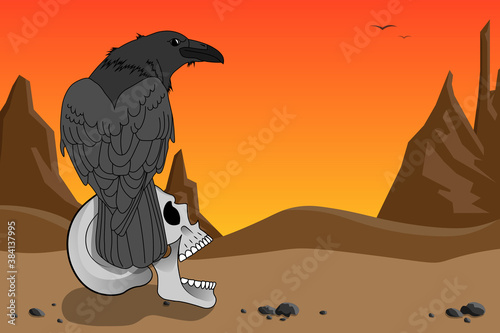 A black raven sits on a grinning human skull. Old style western illustration. Vector