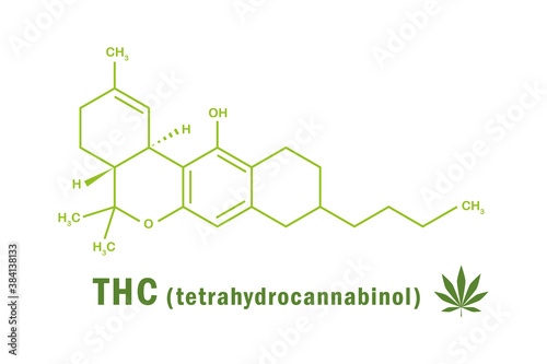 thc tetrahydrocannabinol chemical formula with cannabis leaf vector illustration EPS10