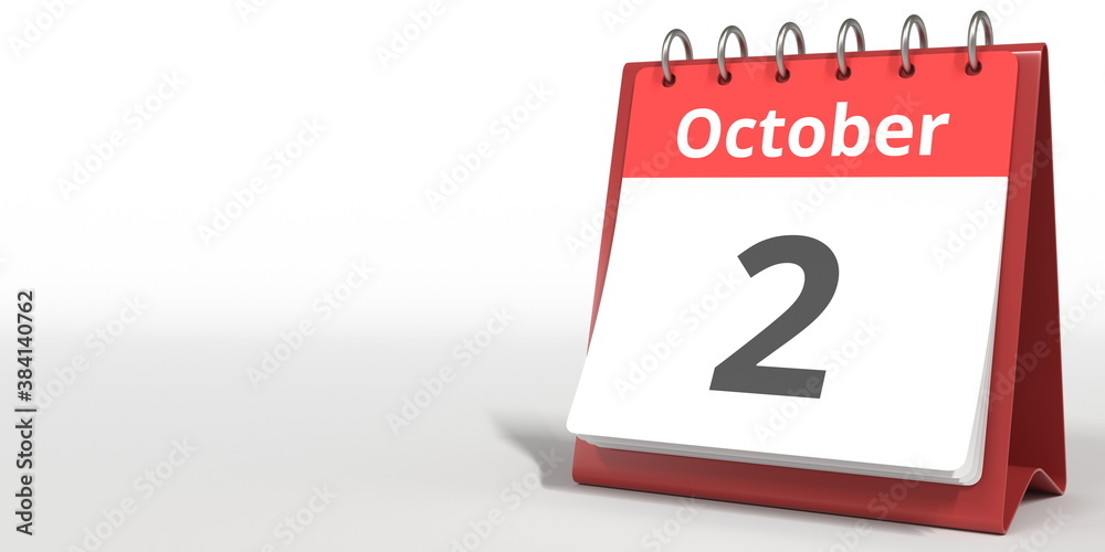 October 2 date on the flip calendar page, 3d rendering