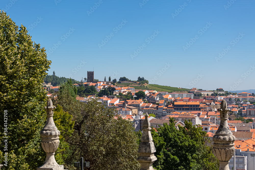 View at the city Lamego downtown and as background the tower at Castle of Lamego