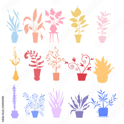 Potting trees, flowerpots hanging, plants in pots set isolated objects
