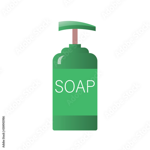 Green soap dispenser in a bottle. Personal hygiene product during the coronavirus pandemic. Vector isolated illustration.