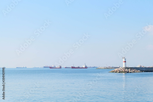 Landscape of the Bosphorus from Sultan Ahmet district. The seagulls are flying, lighthouse. landscape Istanbul, Turkey.