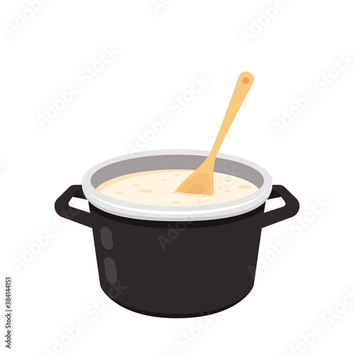 Spatula in Pot vector. White soup in hot pot vector.