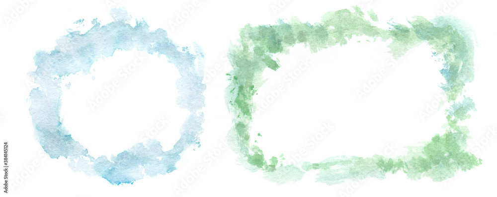 set of watercolor frames in blue and green. Hand-drawn frames, abstract, brush strokes. stylish design of banners