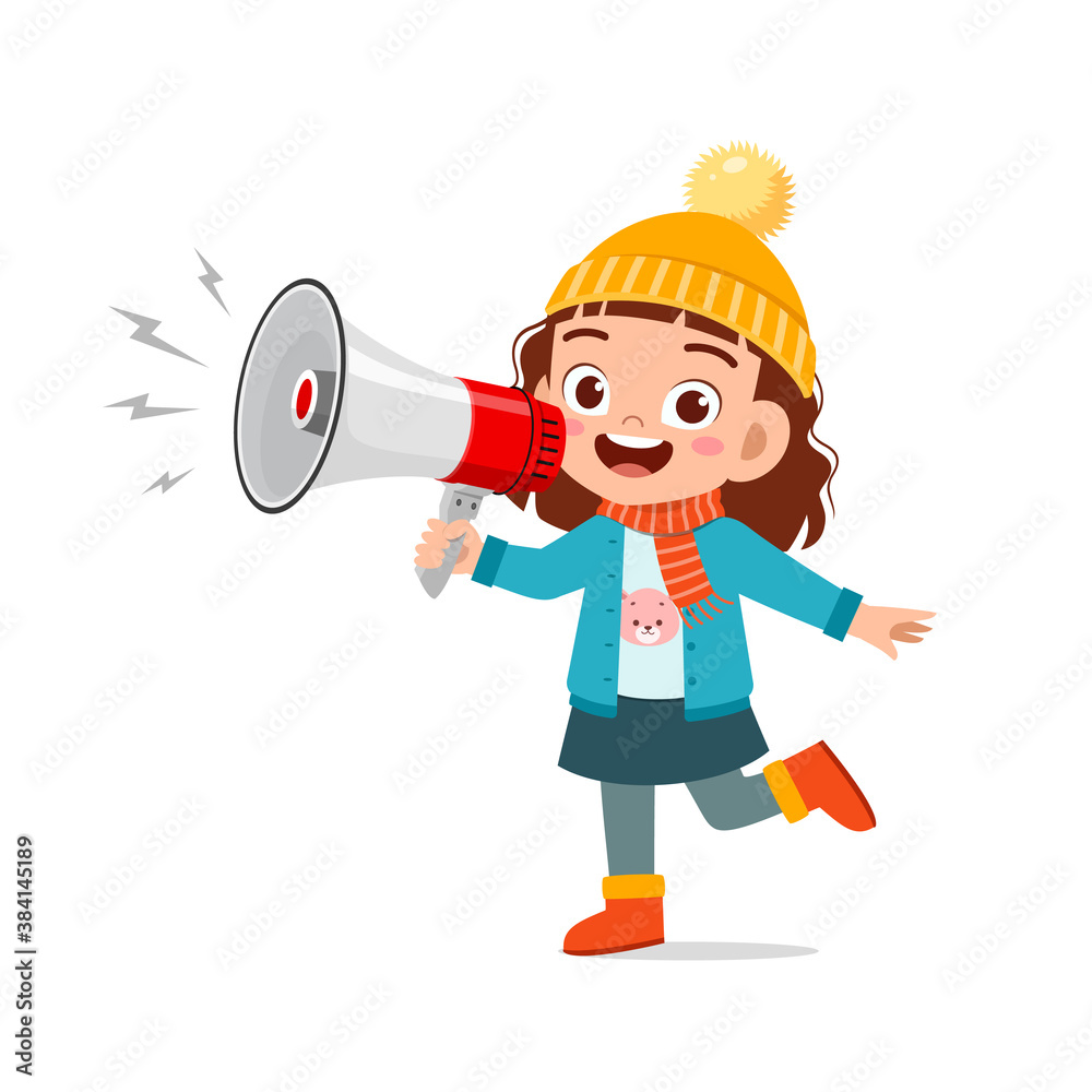 happy cute little kid holding megaphone in winter season and wearing warm clothes happy cute little kid holding megaphone in winter season and wearing warm clothes