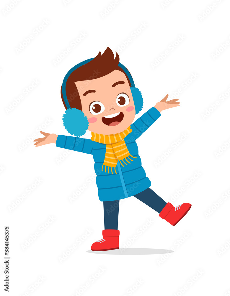 happy cute little kid play and wear jacket in winter season. child smile wearing warm clothes