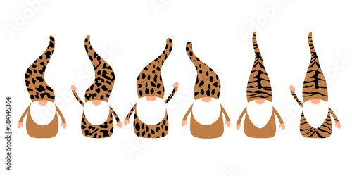 Leopard gnomes with cheetah print gnomes and gnomes with tiger stripes. Great to use for Christmas, Fall or Valentine Days. Cute characters in simple cartoon flat vector style. Isolated