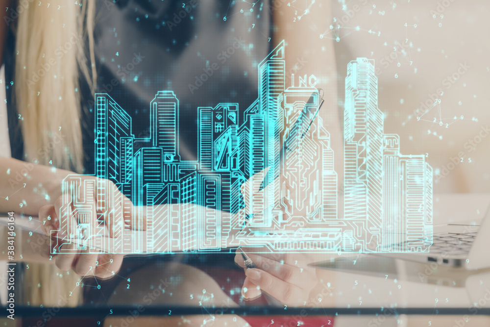 IOT drawing over writing hands in notepad background. Concept of smart home. Multi exposure