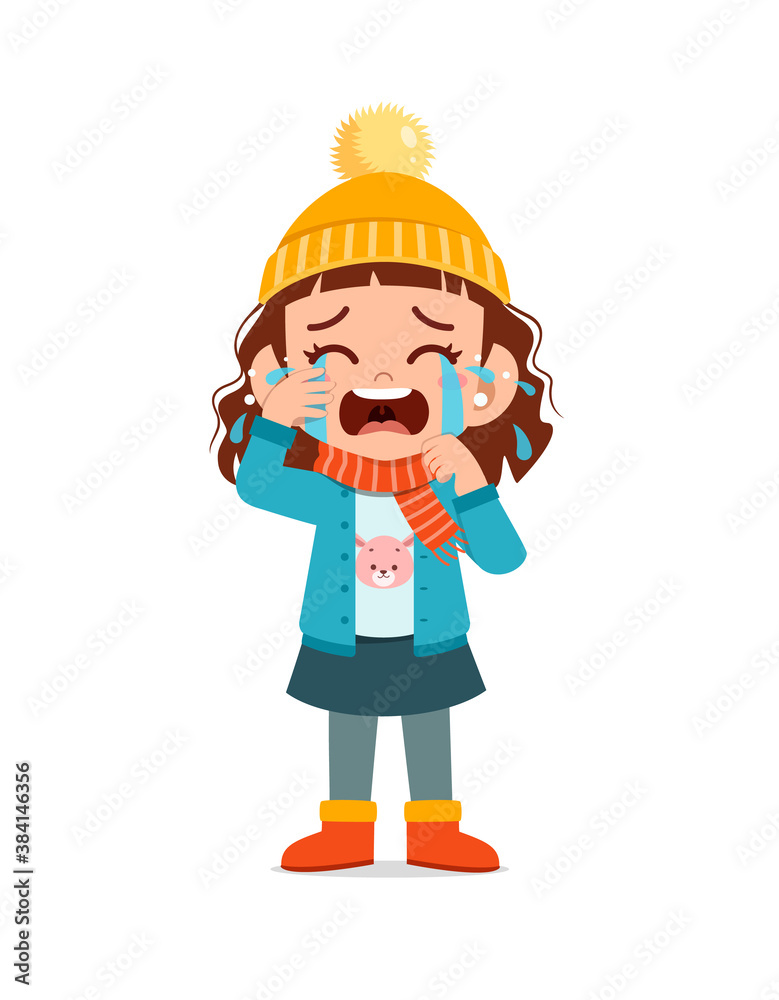 sad cute little kid cry and wear jacket in winter season. child scream crying wearing warm clothes