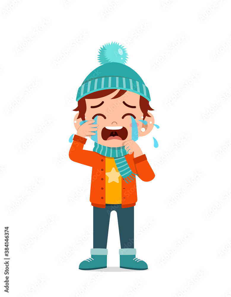sad cute little kid cry and wear jacket in winter season. child scream crying wearing warm clothes