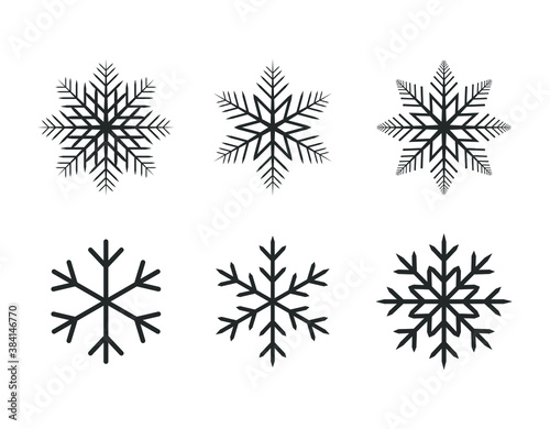 Snowflake vector icon. Ice and snow crystal flake symbol. Weather snowfall sign. Frost and cold logo. Decorative christmas pattern. Silhouette isolated on white background.