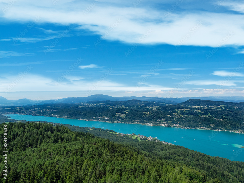 Summer  panoramic view of the lakes Woerth in Klagenfurt.