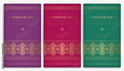 Colorful packaging design of chocolate bars. Vintage vector ornament template. Elegant  classic elements. Great for food  drink and other package types. Can be used for background and wallpaper.