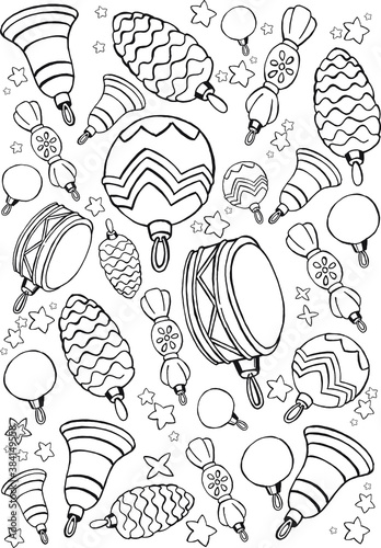 Christmas decoration, different christmas tree toys. Hand draw sketch, black and white illustration, pattern