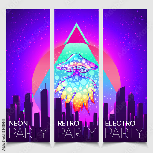 Retro futurism. Vintage 80s or 90s style background with magic mushrooms. Good design for textile t-shirt print design, flyer and poster. Futuristic vector illustration in bright neon colors.