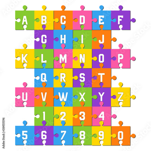 Kids puzzles in cartoon style with the alphabet. Bright colorful puzzle. Vector illustration of alphabet on a colored background. Puzzle puzzle game. Enter letters and numbers.