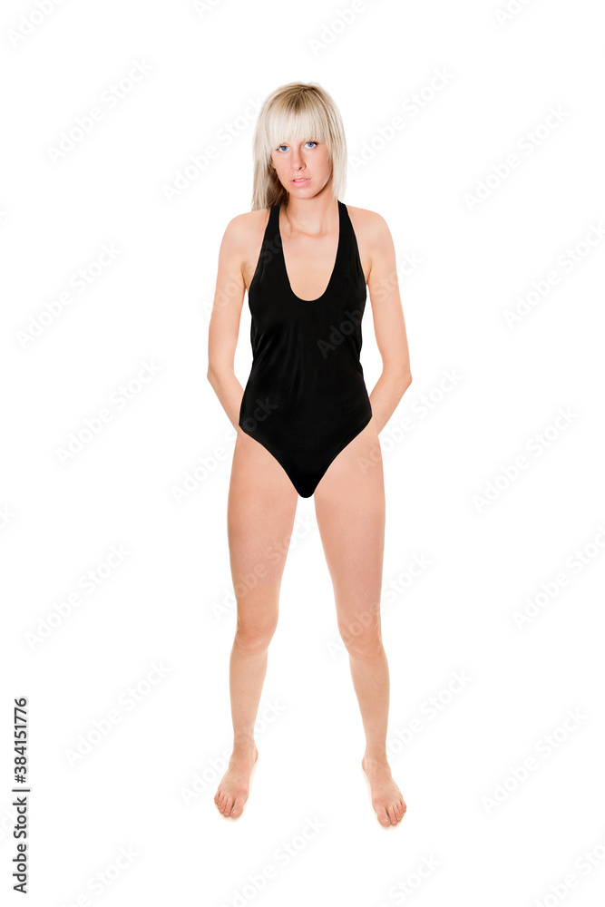 Full length portrait of a beautiful blonde woman wearing a black swimsuit, studio photo isolated in front of white background Full length portrait of a beautiful blonde woman wearing a black swimsuit, studio photo isolated in front of white background