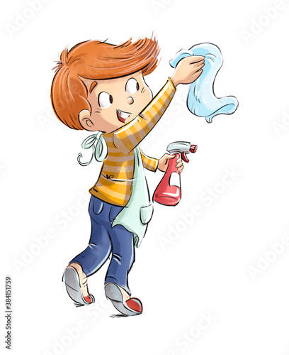 Child cleaning with rag