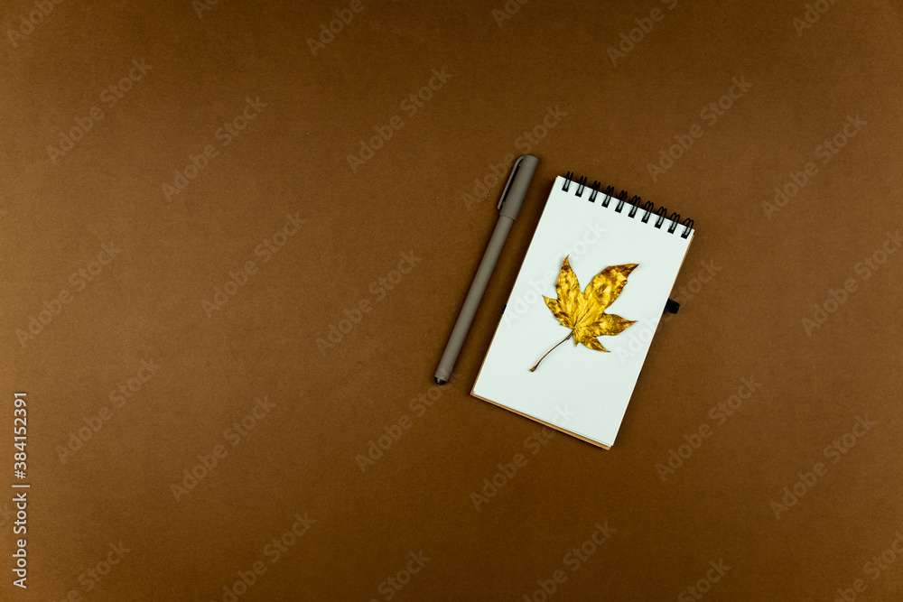 Autumn busines concept - blank ring-bound notebook with golden maple leaf and pen on brown background with copy space