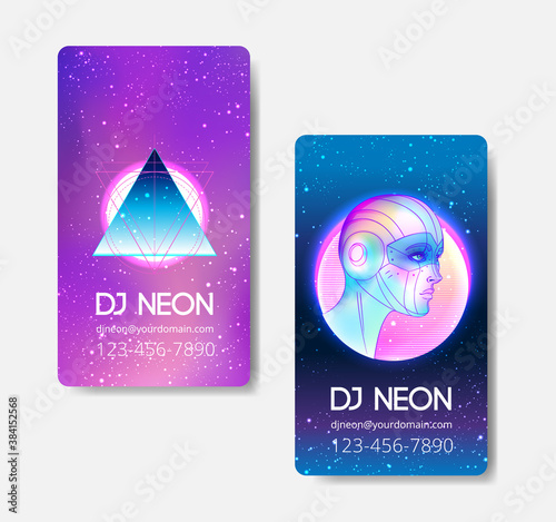 Portrait of robot android woman in retro futurism style. Vector illustration of a cyborg in glowing neon bright colors. futuristic synth wave flyer template. Cyber technology.