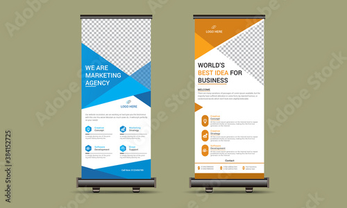 Roll up banner stand template design, blue banner layout, advertisement, pull up, polygon background, vector illustration, business flyer, display, x-banner, flag-banner, infographics, presentation.