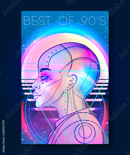 Portrait of robot android woman in retro futurism style. Vector illustration of a cyborg in glowing neon bright colors. futuristic synth wave flyer template. Cyber technology.