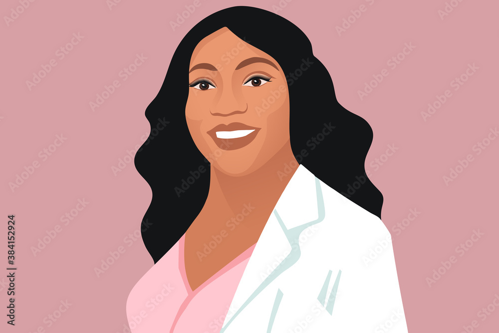 Happy & self-confident young black female doctor (vector portrait illustration) Happy & self-confident young black female doctor (vector portrait illustration)