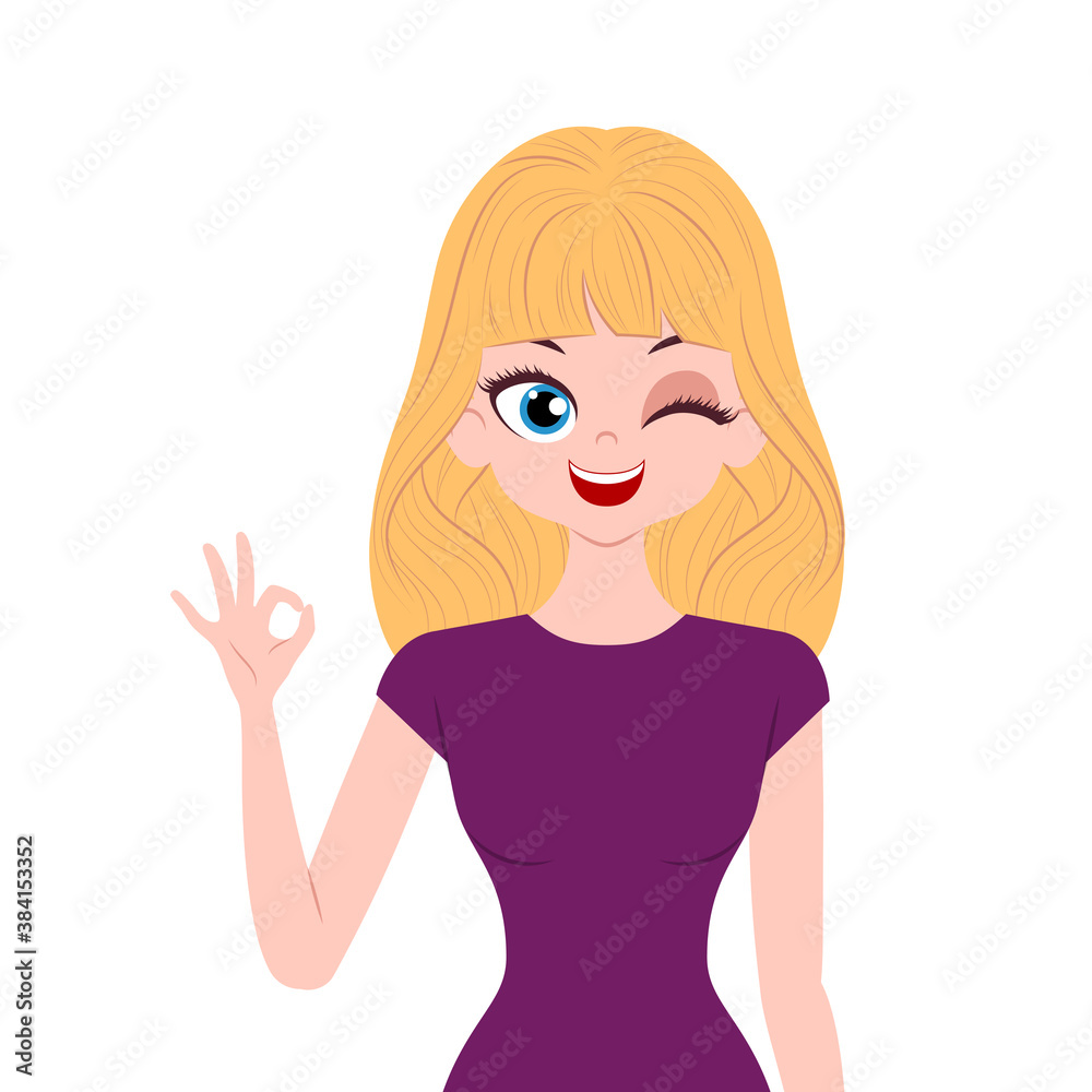 Young woman character gesturing ok sign isolated on white background Young woman character gesturing ok sign isolated on white background
