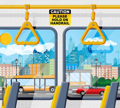 Interior of bus salon. Public city transport. Empty lounge inside modern bus. Seats, windows and handrail. Cityscape with building, road, car. Urban skyline. Cartoon flat vector illustration