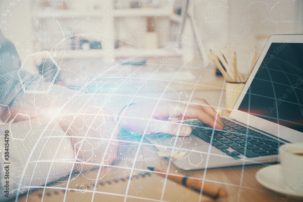 Multi exposure of world map hologram with man working on computer on background. Concept of worldwideweb. Multi exposure of world map hologram with man working on computer on background. Concept of worldwideweb.