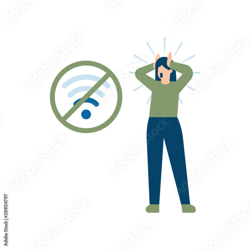 illustration of a woman holding her head and being shocked or surprised that the internet cannot be used. the concept of no signal and no wifi network. flat style. the internet is prohibited. design