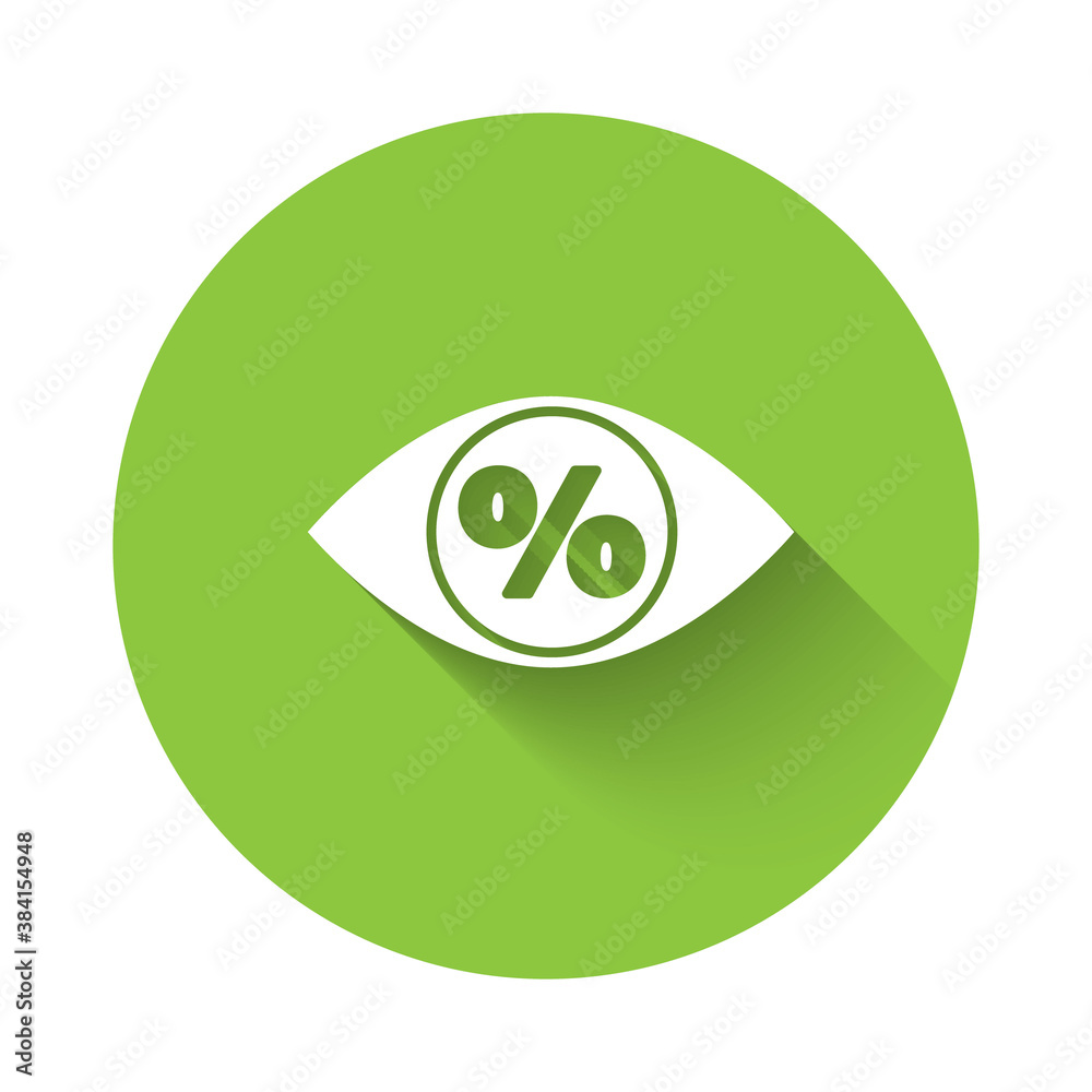 White Eye with percent icon isolated with long shadow. Shopping tag sign. Special offer sign. Discount coupons symbol. Green circle button. Vector Illustration. White Eye with percent icon isolated with long shadow. Shopping tag sign. Special offer sign. Discount coupons symbol. Green circle button. Vector Illustration.