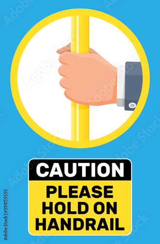 Hand holding the handrail in transport. Handles for safety transportations of passengers in bus, metro, train. Straight yellow handle and hand isolated on white. Cartoon flat vector illustration