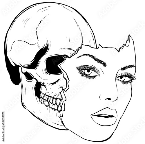 Vector illustration of a woman from the neck up, made up for Dia de los Muertos, Day of the Dead.
