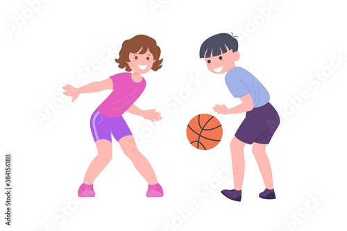 Happy children playing sport game. Boy and girl doing physical exercise. Kids playing basketeball. Active healthy childhood. Flat vector cartoon illustration isolated on white background
