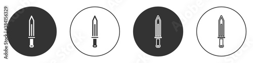 Black Medieval sword icon isolated on white background. Medieval weapon. Circle button. Vector.