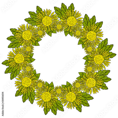 A wreath of yellow flowers and green leaves, bright flowers with small petals and a black contour outline, arranged in the form of a round frame, vector illustration for design nad creativity