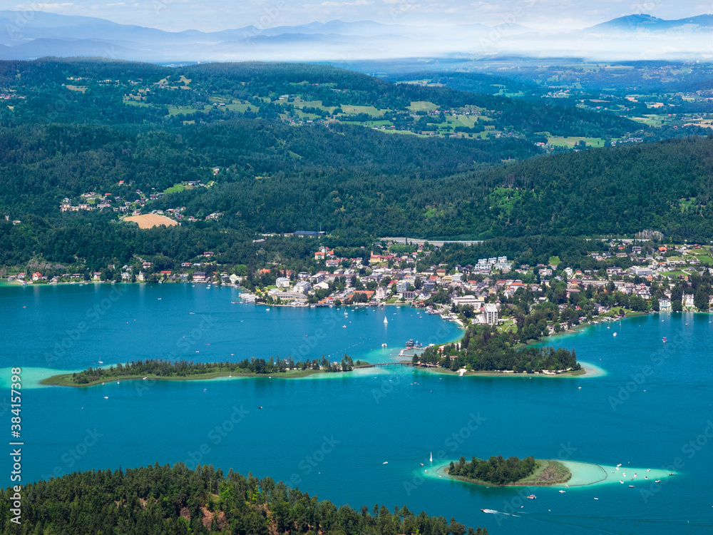 Summer  panoramic view of the lakes Woerth in Klagenfurt.