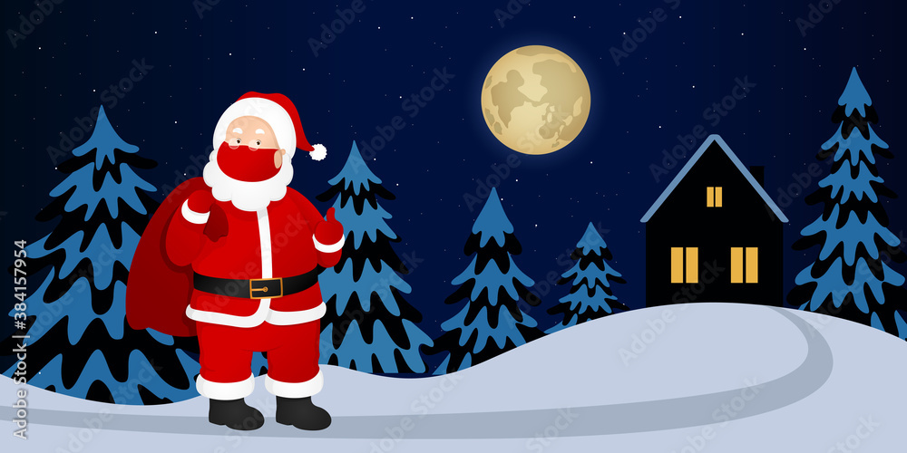 Santa Claus in face mask carries sack with gifts. Vector illustration.